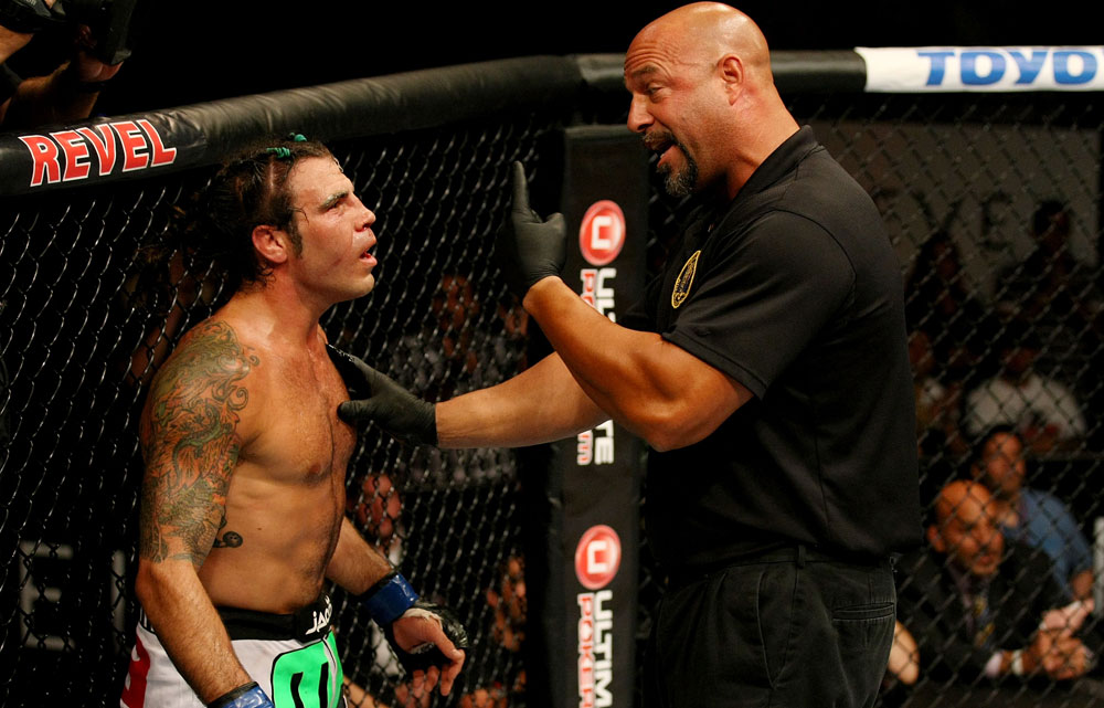 ATLANTIC CITY, NJ - JUNE 22:  Referee Dan Miragliotta (R) warns Clay Guida (L) for inactivity in the main event lightweight bout during UFC on FX 4 at Revel Casino on June 22, 2012 in Atlantic City, New Jersey.  (Photo by Nick Laham/Zuffa LLC/Zuffa LLC)
