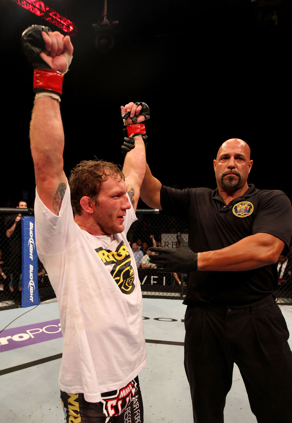 ATLANTIC CITY, NJ - JUNE 22:  Gray Maynard (L) celebrates his win by split decision over Clay Guida (not pictured) in the main event lightweight bout during UFC on FX 4 at Revel Casino on June 22, 2012 in Atlantic City, New Jersey.  (Photo by Nick Laham/Zuffa LLC/Zuffa LLC)