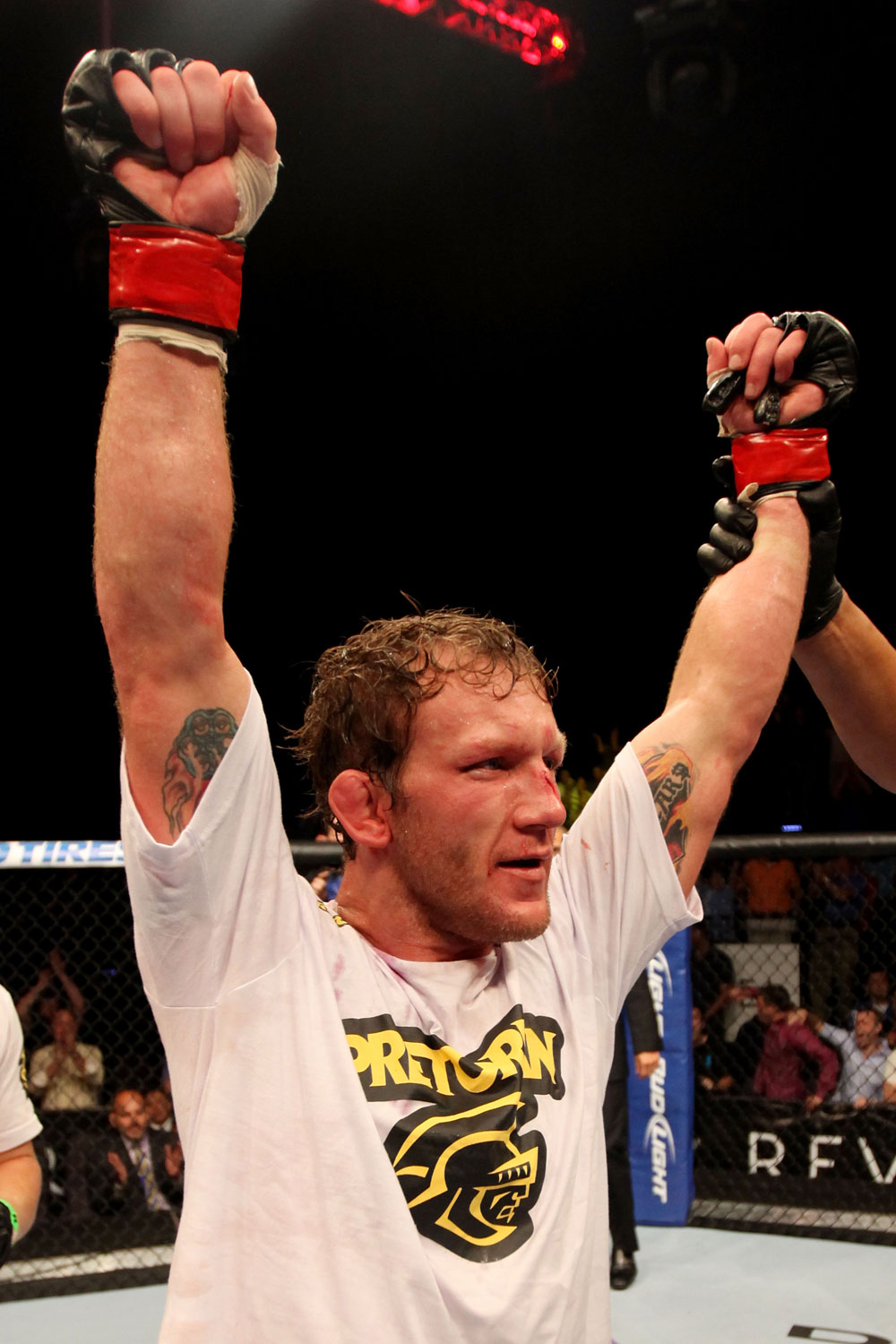 ATLANTIC CITY, NJ - JUNE 22:  Gray Maynard celebrates his win by split decision over Clay Guida (not pictured) in the main event lightweight bout during UFC on FX 4 at Revel Casino on June 22, 2012 in Atlantic City, New Jersey.  (Photo by Nick Laham/Zuffa LLC/Zuffa LLC)
