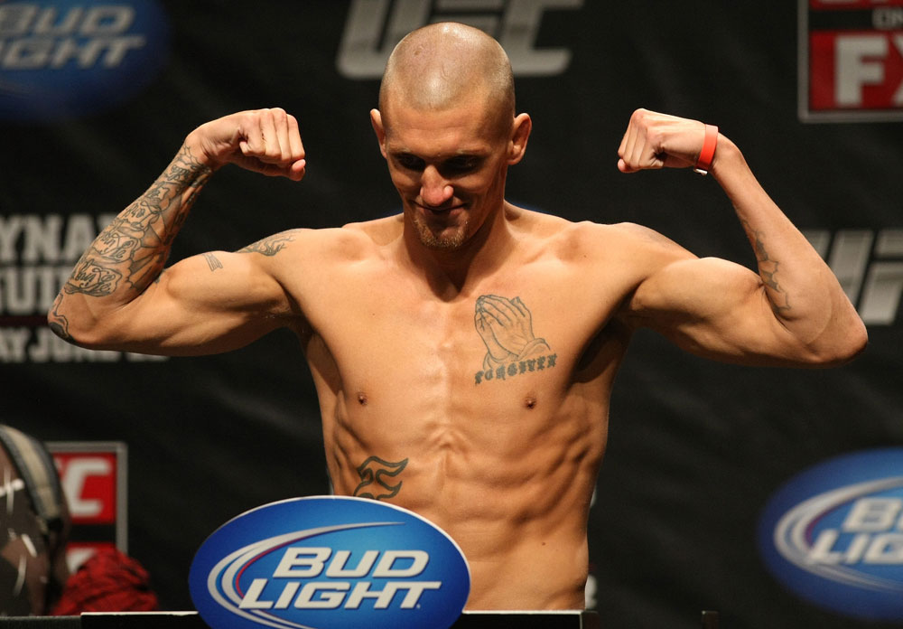 ATLANTIC CITY, NJ - JUNE 21:  Dustin Pague flexes after making weight during the UFC on FX official weigh in at Revel Casino on June 21, 2012 in Atlantic City, New Jersey.  (Photo by Nick Laham/Zuffa LLC/Zuffa LLC via Getty Images)