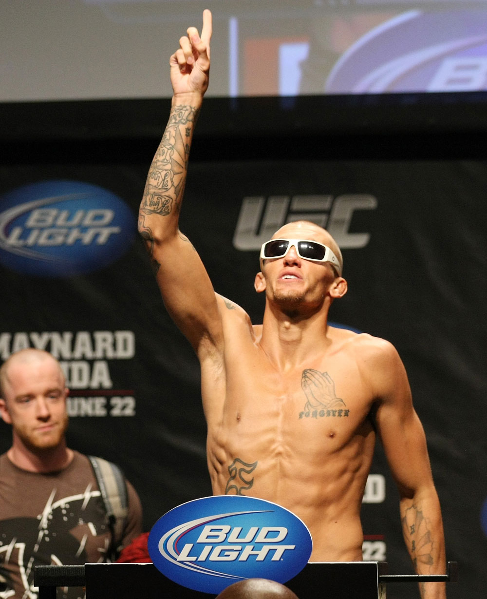 ATLANTIC CITY, NJ - JUNE 21: Dustin Pague flexes after making weight during the UFC on FX official weigh in at Revel Casino on June 21, 2012 in Atlantic City, New Jersey. (Photo by Nick Laham/Zuffa LLC/Zuffa LLC via Getty Images)