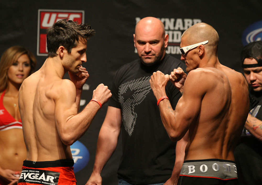 ATLANTIC CITY, NJ - JUNE 21: (L-R) Bantamweight opponents Ken Stone and Dustin Pague face off after making weight during the UFC on FX official weigh in at Revel Casino on June 21, 2012 in Atlantic City, New Jersey. (Photo by Nick Laham/Zuffa LLC/Zuffa LLC via Getty Images)