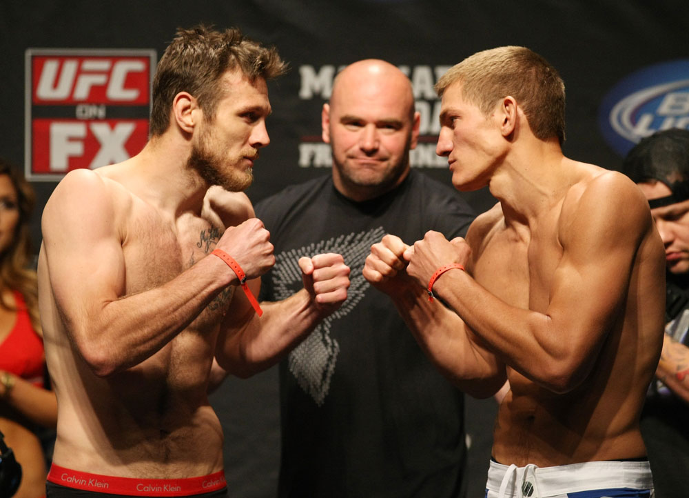 ATLANTIC CITY, NJ - JUNE 21: (L-R) Welterweight opponents Dan Miller and Ricardo Funch face off during the UFC on FX official weigh in at Revel Casino on June 21, 2012 in Atlantic City, New Jersey. (Photo by Nick Laham/Zuffa LLC/Zuffa LLC via Getty Images)