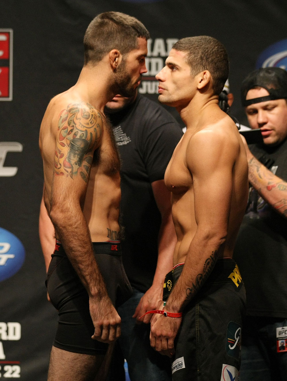 ATLANTIC CITY, NJ - JUNE 21: (L-R) Welterweight opponents Matt Brown and Luis Ramos face off after making weight during the UFC on FX official weigh in at Revel Casino on June 21, 2012 in Atlantic City, New Jersey. (Photo by Nick Laham/Zuffa LLC/Zuffa LLC via Getty Images)