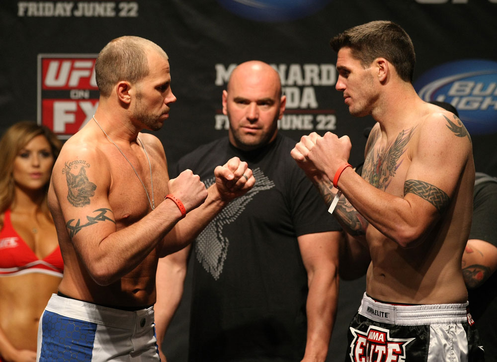ATLANTIC CITY, NJ - JUNE 21: Middleweight opponents Nick Catone  and Chris Camozzi face off after making weight during the UFC on FX official weigh in at Revel Casino on June 21, 2012 in Atlantic City, New Jersey.  (Photo by Nick Laham/Zuffa LLC/Zuffa LLC via Getty Images)