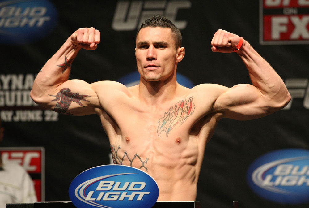 ATLANTIC CITY, NJ - JUNE 21: Joey Gambino flexes after making weight during the UFC on FX official weigh in at Revel Casino on June 21, 2012 in Atlantic City, New Jersey.  (Photo by Nick Laham/Zuffa LLC/Zuffa LLC via Getty Images)