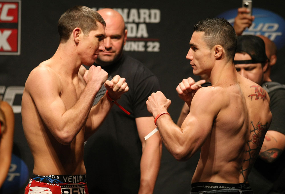ATLANTIC CITY, NJ - JUNE 21: (L-R) Featherweight opponents Steven Siler and Joey Gambino face off after making weight during the UFC on FX official weigh in at Revel Casino on June 21, 2012 in Atlantic City, New Jersey. (Photo by Nick Laham/Zuffa LLC/Zuffa LLC via Getty Images)