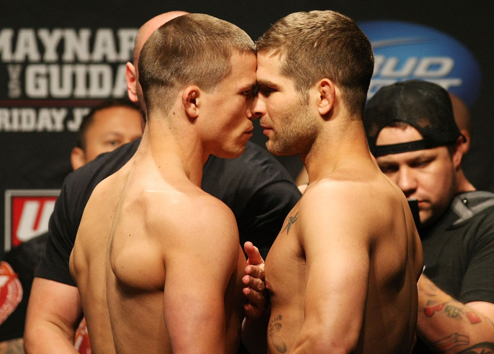 ATLANTIC CITY, NJ - JUNE 21: (L-R) Welterweight opponents Rick Story and Brock Jardine face off during the UFC on FX official weigh in at Revel Casino on June 21, 2012 in Atlantic City, New Jersey. (Photo by Nick Laham/Zuffa LLC/Zuffa LLC via Getty Images)