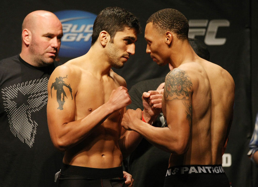 ATLANTIC CITY, NJ - JUNE 21: (L-R) Lightweight opponents Ramsey Nijem and C.J. Keith face off during the UFC on FX official weigh in at Revel Casino on June 21, 2012 in Atlantic City, New Jersey.  (Photo by Nick Laham/Zuffa LLC/Zuffa LLC via Getty Images)
