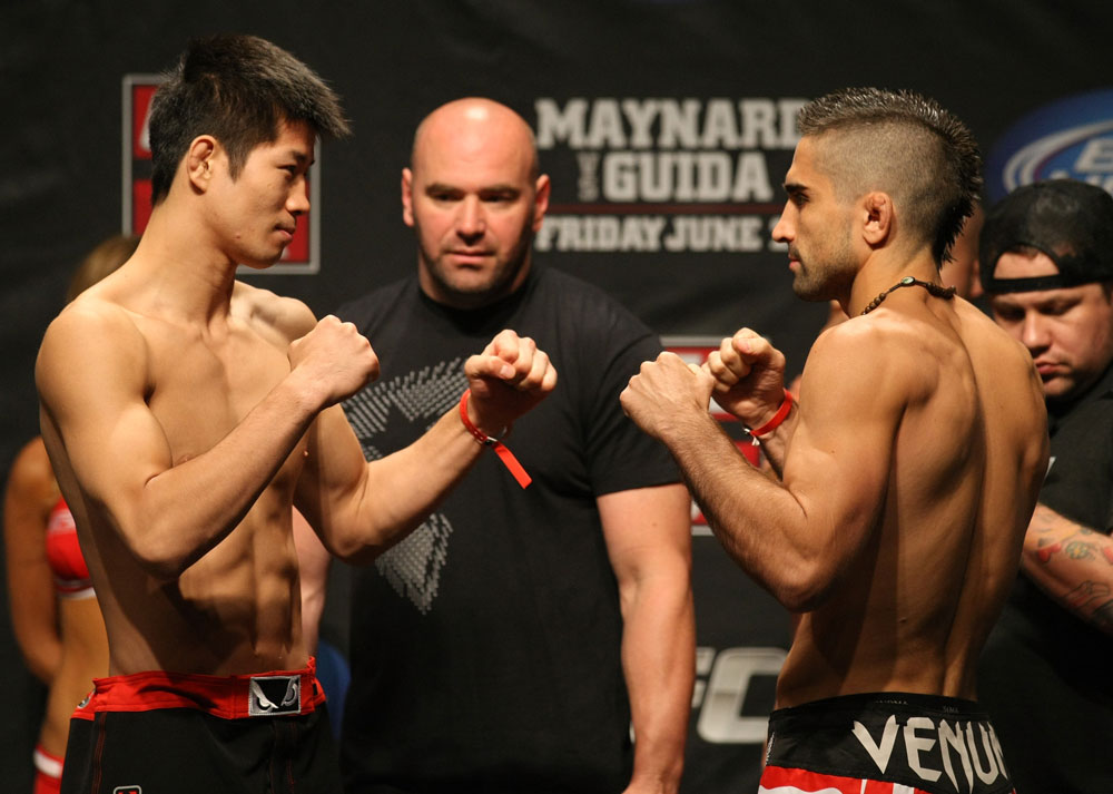 ATLANTIC CITY, NJ - JUNE 21: (L-R) Featherweight opponents Hatsu Hioki and Ricardo Lamas face off after making weight during the UFC on FX official weigh in at Revel Casino on June 21, 2012 in Atlantic City, New Jersey. (Photo by Nick Laham/Zuffa LLC/Zuffa LLC via Getty Images)