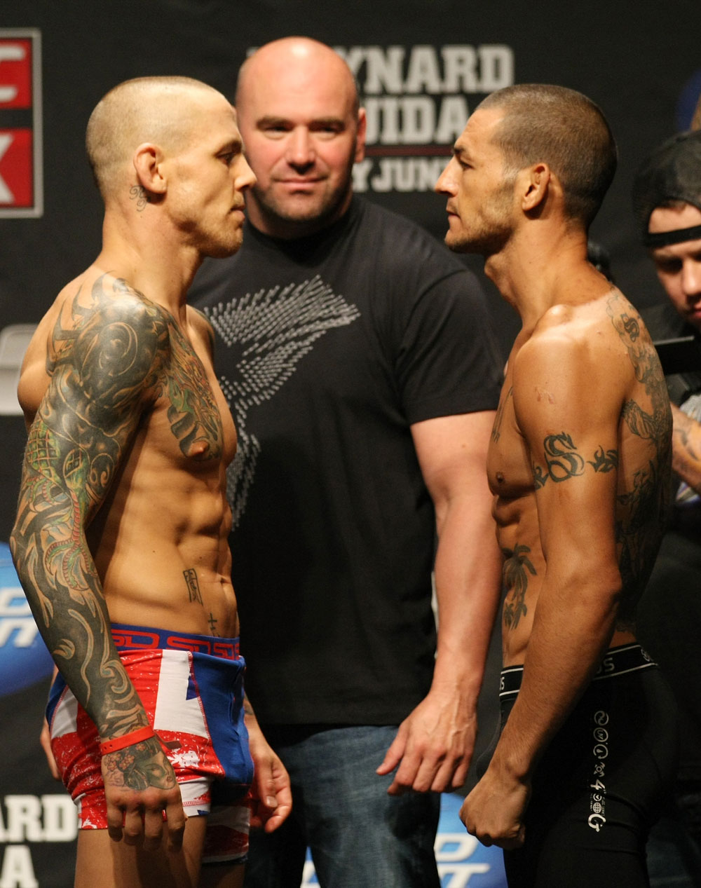ATLANTIC CITY, NJ - JUNE 21: (L-R) Featherweight opponents Ross Pearson and Cub Swanson face off after making weight during the UFC on FX official weigh in at Revel Casino on June 21, 2012 in Atlantic City, New Jersey.  (Photo by Nick Laham/Zuffa LLC/Zuffa LLC via Getty Images)