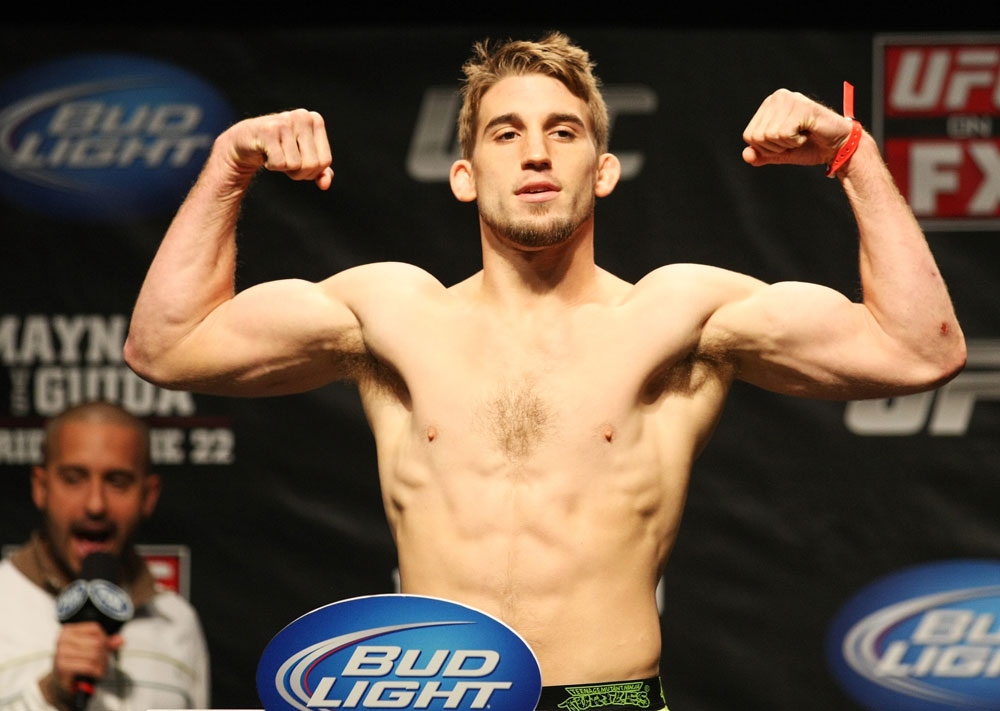 ATLANTIC CITY, NJ - JUNE 21: TJ Waldburger flexes after making weight during the UFC on FX official weigh in at Revel Casino on June 21, 2012 in Atlantic City, New Jersey. (Photo by Nick Laham/Zuffa LLC/Zuffa LLC via Getty Images)
