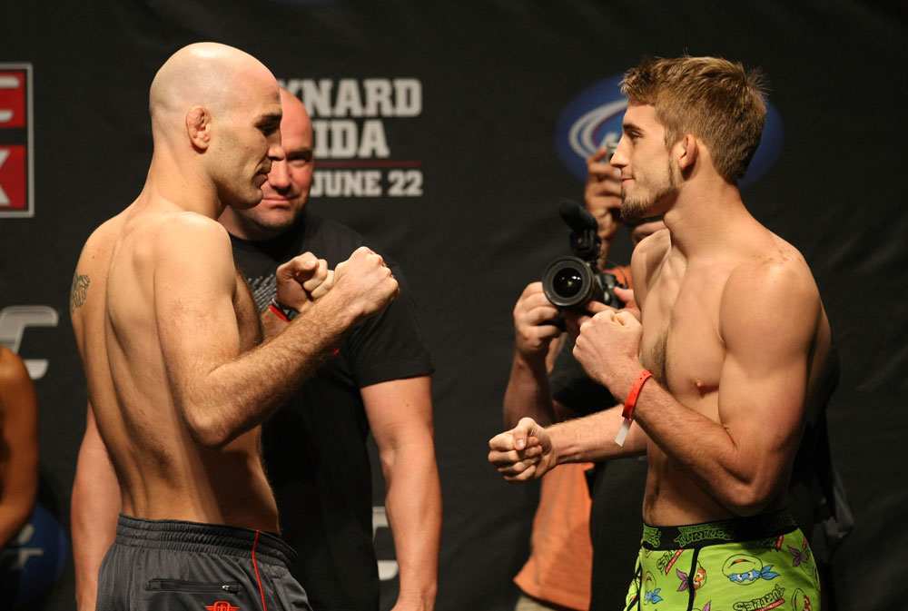 ATLANTIC CITY, NJ - JUNE 21: (L-R) Welterweight opponents Brian Ebersole and TJ Waldburger face off after making weight during the UFC on FX official weigh in at Revel Casino on June 21, 2012 in Atlantic City, New Jersey. (Photo by Nick Laham/Zuffa LLC/Zuffa LLC via Getty Images)