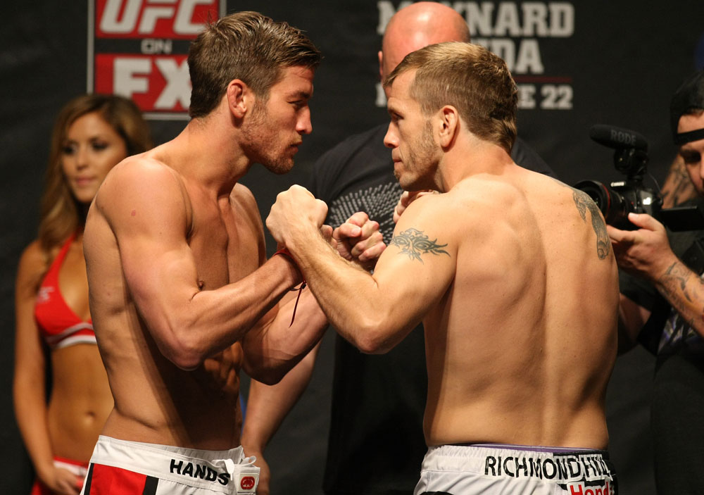 ATLANTIC CITY, NJ - JUNE 21: (L-R) Lightweight opponents Sam Stout and Spencer Fisher face off during the UFC on FX official weigh in at Revel Casino on June 21, 2012 in Atlantic City, New Jersey. (Photo by Nick Laham/Zuffa LLC/Zuffa LLC via Getty Images)