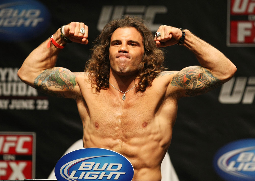ATLANTIC CITY, NJ - JUNE 21: Clay Guida flexes after making weight for his fight against Gray Maynard during the UFC on FX official weigh in at Revel Casino on June 21, 2012 in Atlantic City, New Jersey. (Photo by Nick Laham/Zuffa LLC/Zuffa LLC via Getty Images)