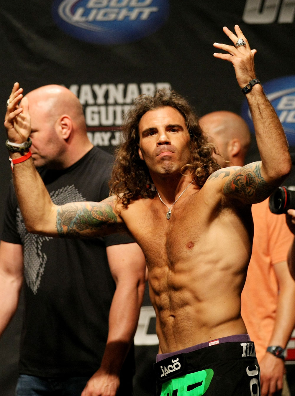 ATLANTIC CITY, NJ - JUNE 21: Clay Guida appeals to the crowd after making weight during the UFC on FX official weigh in at Revel Casino on June 21, 2012 in Atlantic City, New Jersey. (Photo by Nick Laham/Zuffa LLC/Zuffa LLC via Getty Images)