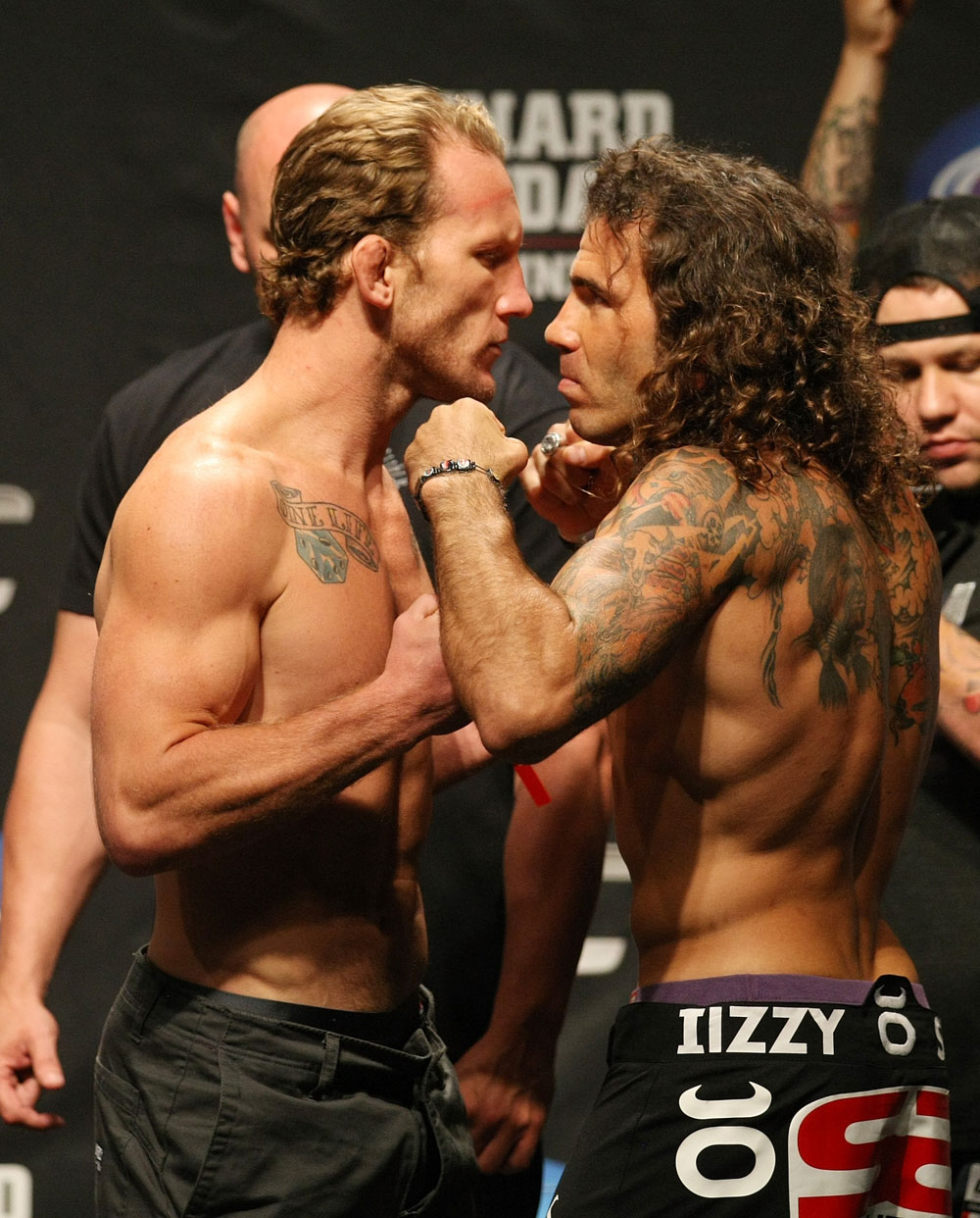 ATLANTIC CITY, NJ - JUNE 21: (L-R) Lightweight opponents Gray Maynard and Clay Guida face off after making weight for his fight against Gray Maynard during the UFC on FX official weigh in at Revel Casino on June 21, 2012 in Atlantic City, New Jersey. (Photo by Nick Laham/Zuffa LLC/Zuffa LLC via Getty Images)
