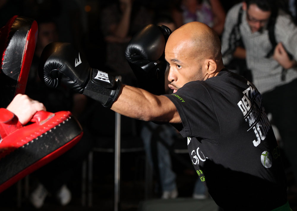 SYDNEY, AUSTRALIA - FEBRUARY 28: Demetrious Johnson works out for the media during the UFC on FX open workouts at the Star Casino on February 28, 2012 in Sydney, Australia. (Photo by Josh Hedges/Zuffa LLC/Zuffa LLC via Getty Images) *** Local Caption *** Demetrious Johnson