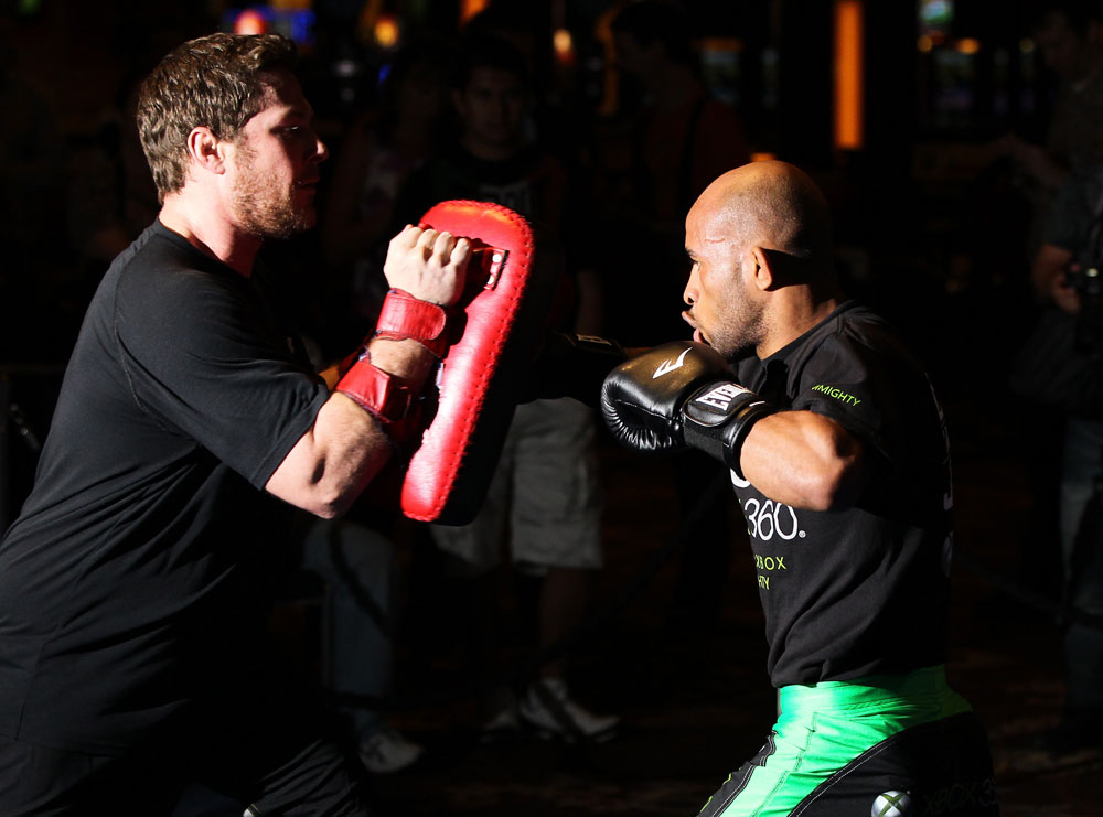 SYDNEY, AUSTRALIA - FEBRUARY 28: Demetrious Johnson works out for the media during the UFC on FX open workouts at the Star Casino on February 28, 2012 in Sydney, Australia. (Photo by Josh Hedges/Zuffa LLC/Zuffa LLC via Getty Images) *** Local Caption *** Demetrious Johnson