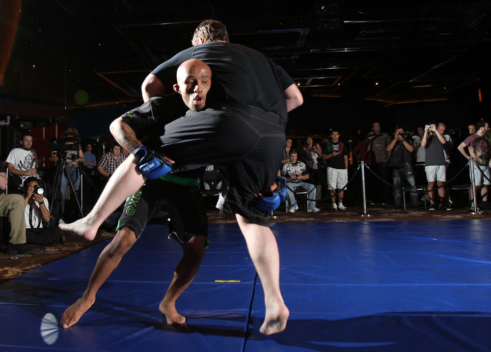 SYDNEY, AUSTRALIA - FEBRUARY 28: Demetrious Johnson works out for the media during the UFC on FX open workouts at the Star Casino on February 28, 2012 in Sydney, Australia. (Photo by Josh Hedges/Zuffa LLC/Zuffa LLC via Getty Images) *** Local Caption *** Demetrious Johnson