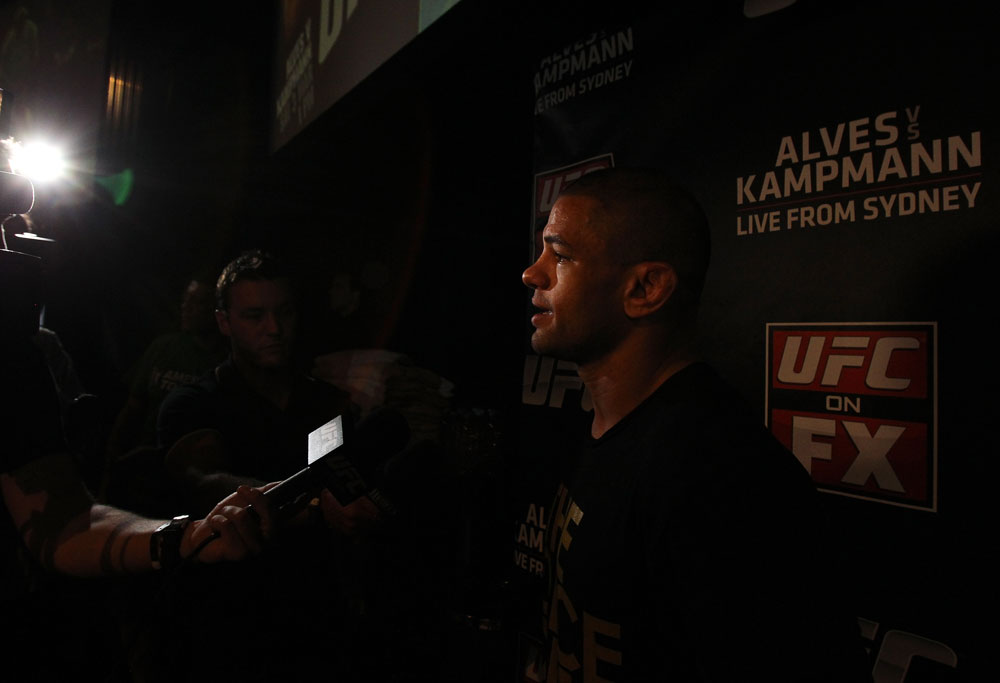 SYDNEY, AUSTRALIA - FEBRUARY 28: Thiago Alves answers questions from the media during the UFC on FX open workouts at the Star Casino on February 28, 2012 in Sydney, Australia. (Photo by Josh Hedges/Zuffa LLC/Zuffa LLC via Getty Images) *** Local Caption *** Thiago Alves