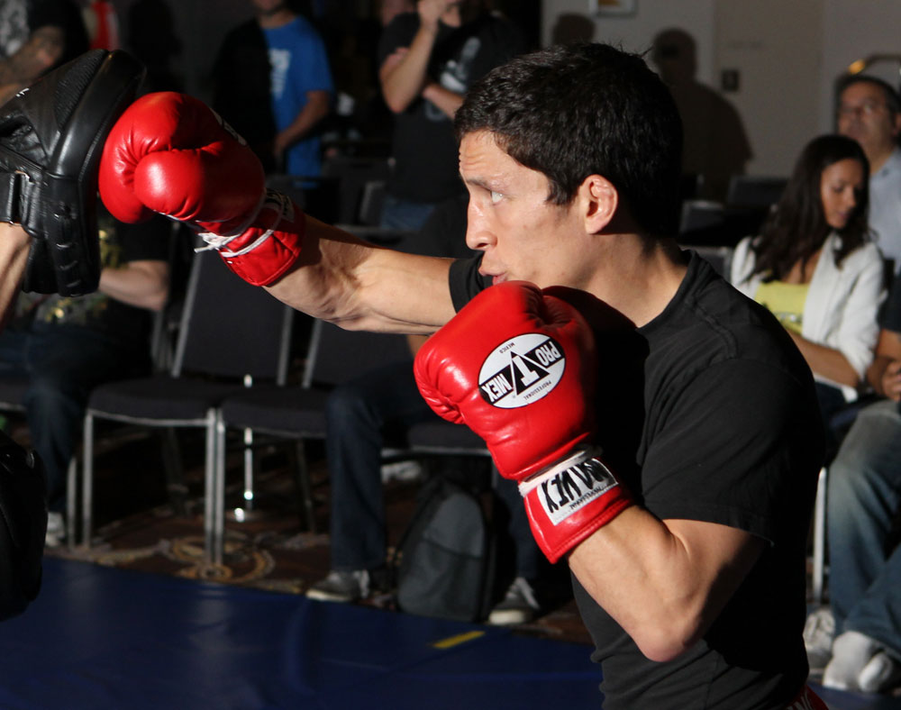 SYDNEY, AUSTRALIA - FEBRUARY 28: Joseph Benavidez works out for the media during the UFC on FX open workouts at the Star Casino on February 28, 2012 in Sydney, Australia. (Photo by Josh Hedges/Zuffa LLC/Zuffa LLC via Getty Images) *** Local Caption *** Joseph Benavidez