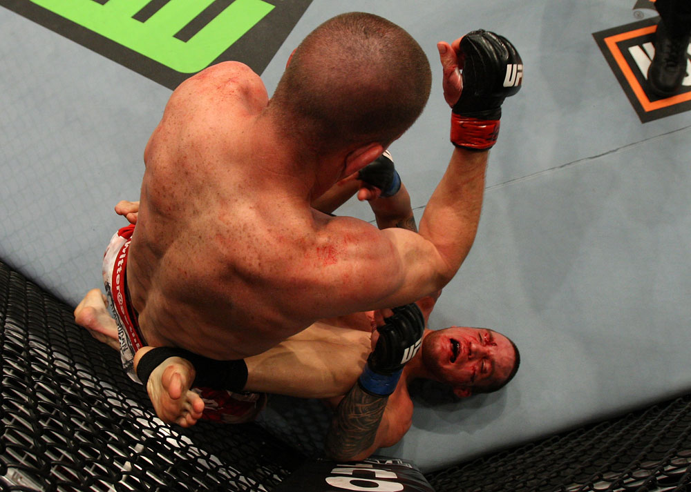 SUNRISE, FL - JUNE 08:   (L-R) Seth Baczynski punches down at Lance Benoist in a Welterweight bout during the UFC on FX 3 event at Bank Atlantic Center on June 8, 2012 in Sunrise, Florida.  (Photo by Josh Hedges/Zuffa LLC/Zuffa LLC via Getty Images)