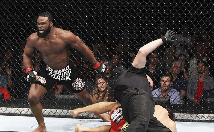 MACAU - AUGUST 23: Tyron Woodley celebrates after his win over Dong Hyun Kim in their welterweight fight during the UFC Fight Night event at the Venetian Macau on August 23, 2014 in Macau. (Photo by Mitch Viquez/Zuffa LLC/Zuffa LLC via Getty Images)