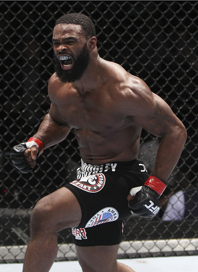 MACAU - AUGUST 23: Tyron Woodley celebrates after his win over Dong Hyun Kim in their welterweight fight during the UFC Fight Night event at the Venetian Macau on August 23, 2014 in Macau. (Photo by Mitch Viquez/Zuffa LLC/Zuffa LLC via Getty Images)