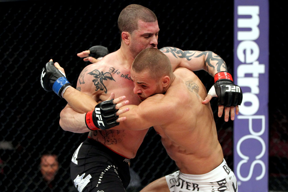 EAST RUTHERFORD, NJ - MAY 05: Karlos Vemola (R) and Mike Massenzio (L) fight during thier Middleweight bout at Izod Center on May 5, 2012 in East Rutherford, New Jersey. (Photo by Josh Hedges/Zuffa LLC/Zuffa LLC via Getty Images)