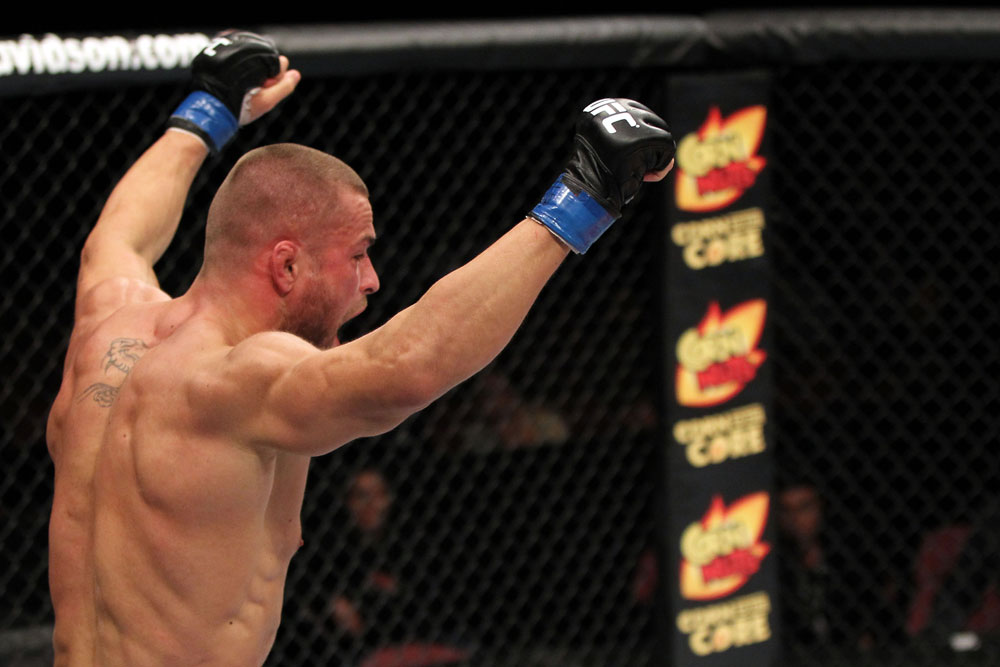 EAST RUTHERFORD, NJ - MAY 05: Karlos Vemola celebrates after defeating Mike Massenzio in thier Middleweight bout at Izod Center on May 5, 2012 in East Rutherford, New Jersey. (Photo by Josh Hedges/Zuffa LLC/Zuffa LLC via Getty Images)