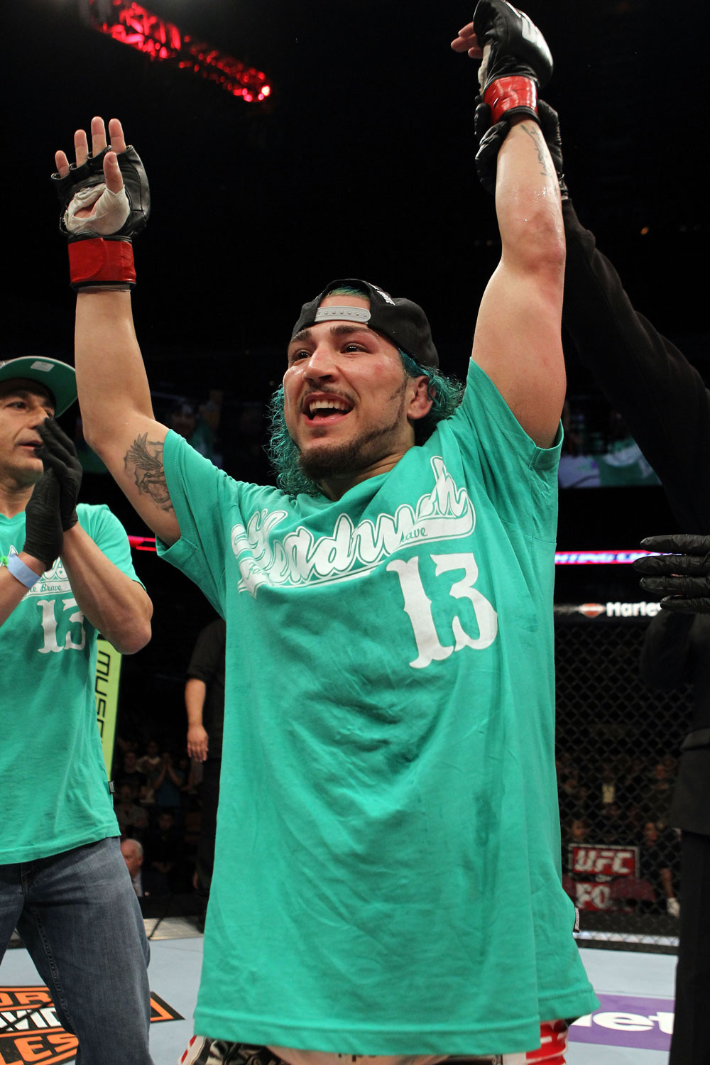 EAST RUTHERFORD, NJ - MAY 05: Louis Gaudinot celebrates after defeating John Lineker during thier Flyweight bout at Izod Center on May 5, 2012 in East Rutherford, New Jersey. (Photo by Josh Hedges/Zuffa LLC/Zuffa LLC via Getty Images)