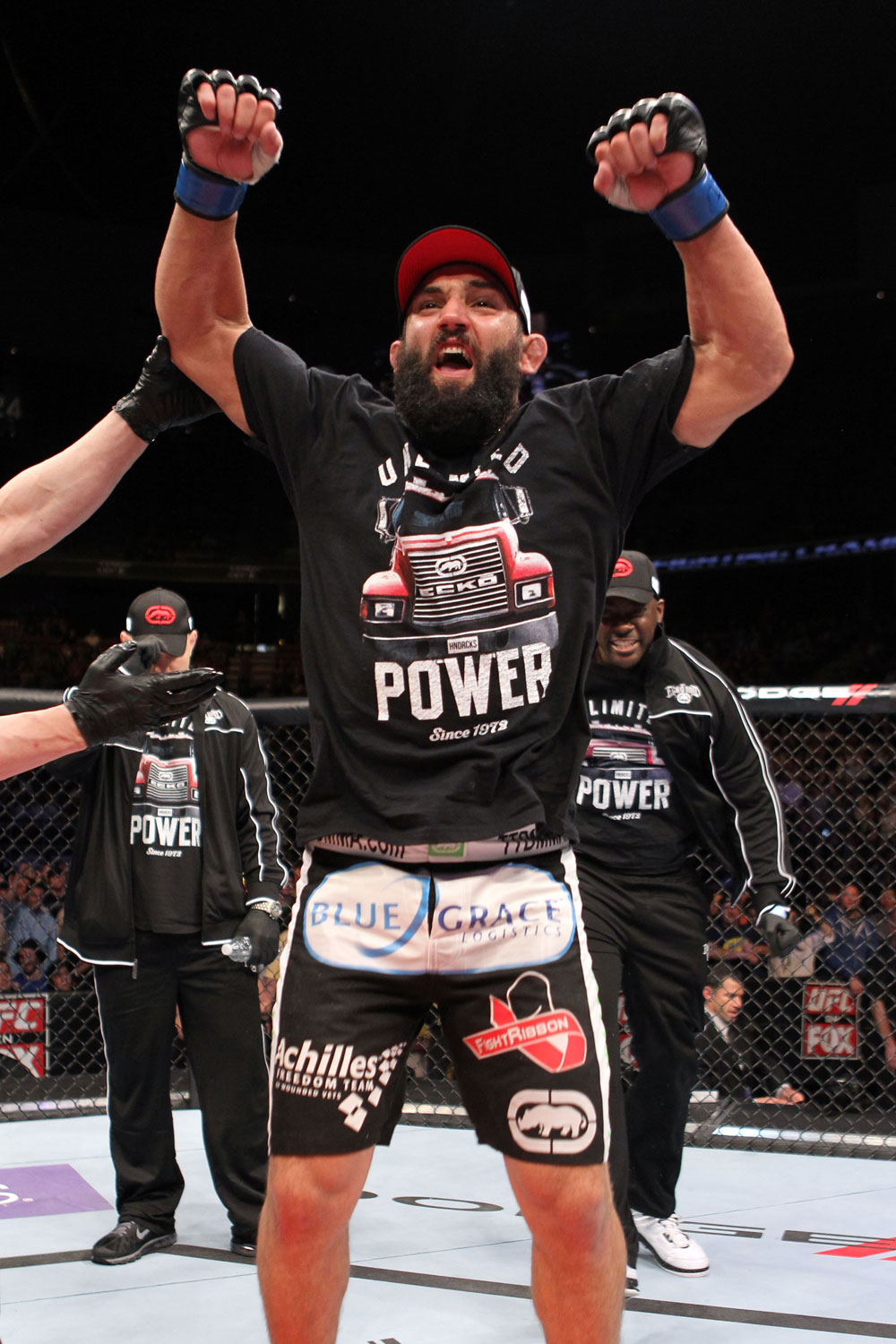 EAST RUTHERFORD, NJ - MAY 05: Johny Hendricks celebrates after defeating Josh Koscheck in thier Welterweight bout at Izod Center on May 5, 2012 in East Rutherford, New Jersey. (Photo by Josh Hedges/Zuffa LLC/Zuffa LLC via Getty Images)