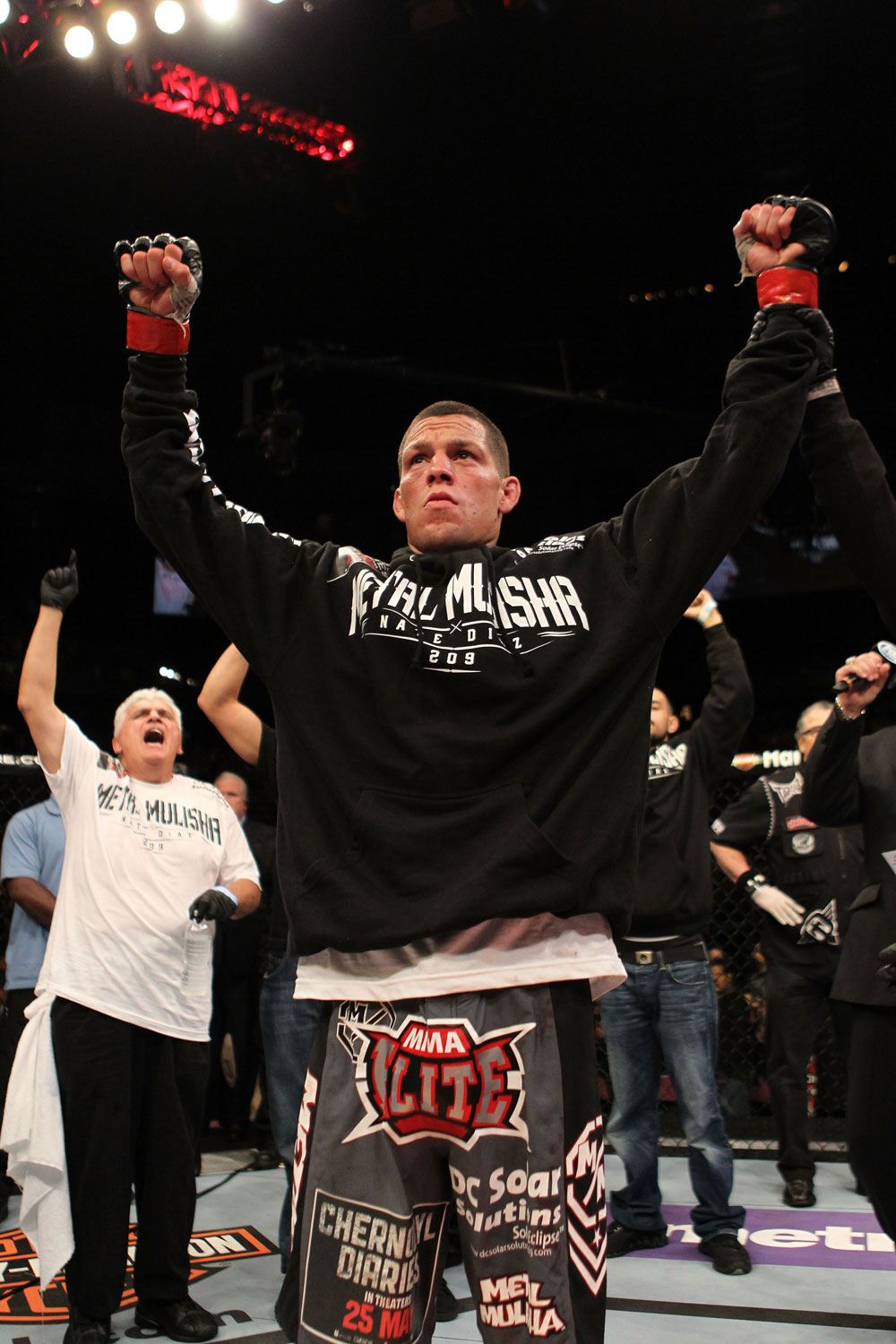 EAST RUTHERFORD, NJ - MAY 05: Nate Diaz celebrates after defeating Jim Miller in thier Lightweight bout at Izod Center on May 5, 2012 in East Rutherford, New Jersey. (Photo by Josh Hedges/Zuffa LLC/Zuffa LLC via Getty Images)