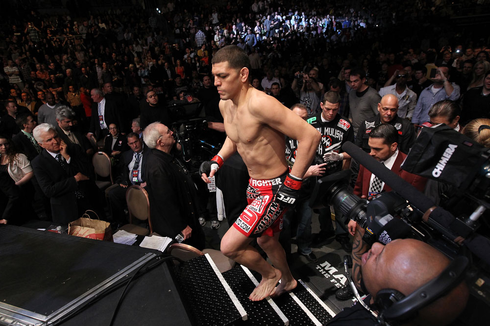 LAS VEGAS - FEBRUARY 04:  Nick Diaz enters the Octagon before his fight with Carlos Condit during the UFC 143 event at Mandalay Bay Events Center on February 4, 2012 in Las Vegas, Nevada.  (Photo by Nick Laham/Zuffa LLC/Zuffa LLC via Getty Images) *** Local Caption *** Nick Diaz; Carlos Condit