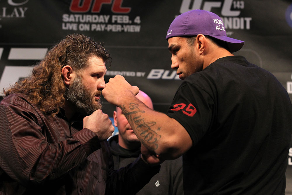 LAS VEGAS, NV - FEBRUARY 02: (L-R) Opponents Roy Nelson and Fabricio Werdum face off during the UFC 143 final pre-fight press conference at the Mandalay Bay Hotel & Casino on February 2, 2012 in Las Vegas, United States. (Photo by Josh Hedges/Zuffa LLC/Zuffa LLC via Getty Images) *** Local Caption *** Roy Nelson; Fabricio Werdum