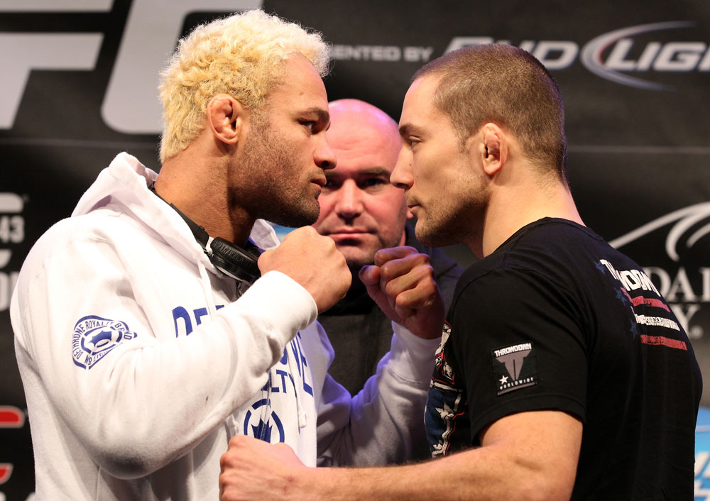 LAS VEGAS, NV - FEBRUARY 02: (L-R) Opponents Josh Koscheck and Mike Pierce face off during the UFC 143 final pre-fight press conference at the Mandalay Bay Hotel & Casino on February 2, 2012 in Las Vegas, United States. (Photo by Josh Hedges/Zuffa LLC/Zuffa LLC via Getty Images) *** Local Caption *** Josh Koscheck; Mike Pierce