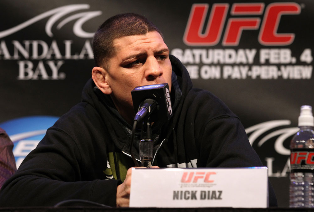 LAS VEGAS, NV - FEBRUARY 02: Nick Diaz attends the UFC 143 final pre-fight press conference at the Mandalay Bay Hotel & Casino on February 2, 2012 in Las Vegas, United States. (Photo by Josh Hedges/Zuffa LLC/Zuffa LLC via Getty Images) *** Local Caption *** Nick Diaz