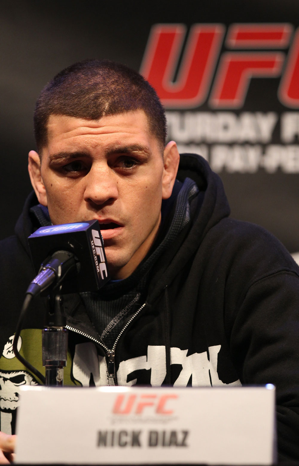 LAS VEGAS, NV - FEBRUARY 02: Nick Diaz attends the UFC 143 final pre-fight press conference at the Mandalay Bay Hotel & Casino on February 2, 2012 in Las Vegas, United States. (Photo by Josh Hedges/Zuffa LLC/Zuffa LLC via Getty Images) *** Local Caption *** Nick Diaz