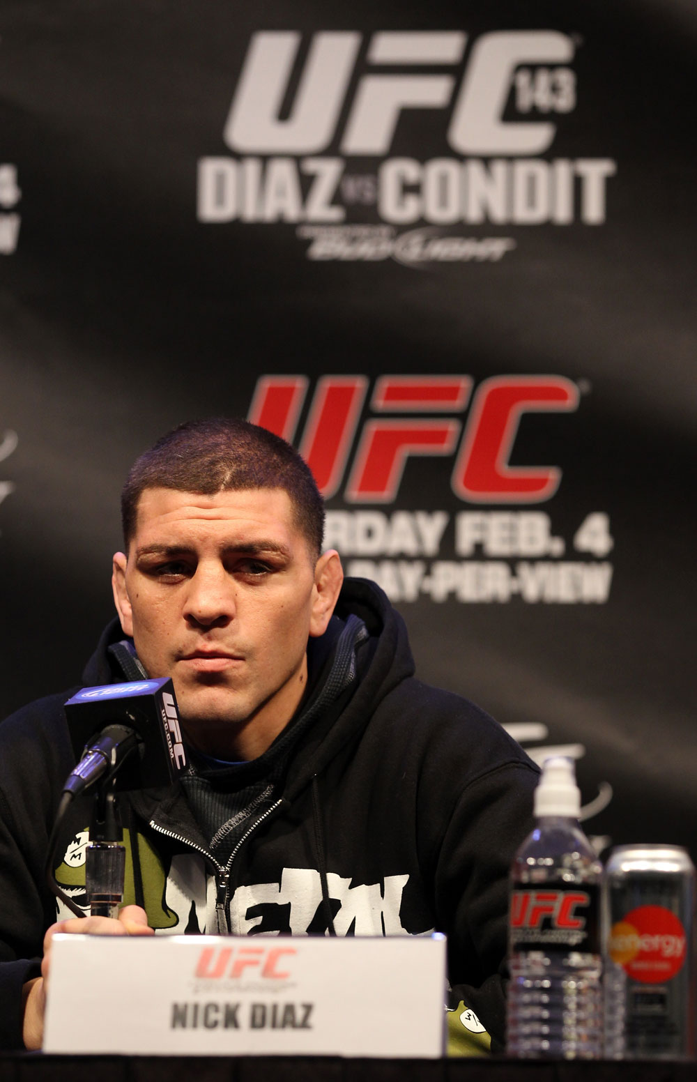 LAS VEGAS, NV - FEBRUARY 02: Nick Diaz attends the UFC 143 final pre-fight press conference at the Mandalay Bay Hotel & Casino on February 2, 2012 in Las Vegas, United States. (Photo by Josh Hedges/Zuffa LLC/Zuffa LLC via Getty Images) *** Local Caption *** Nick Diaz