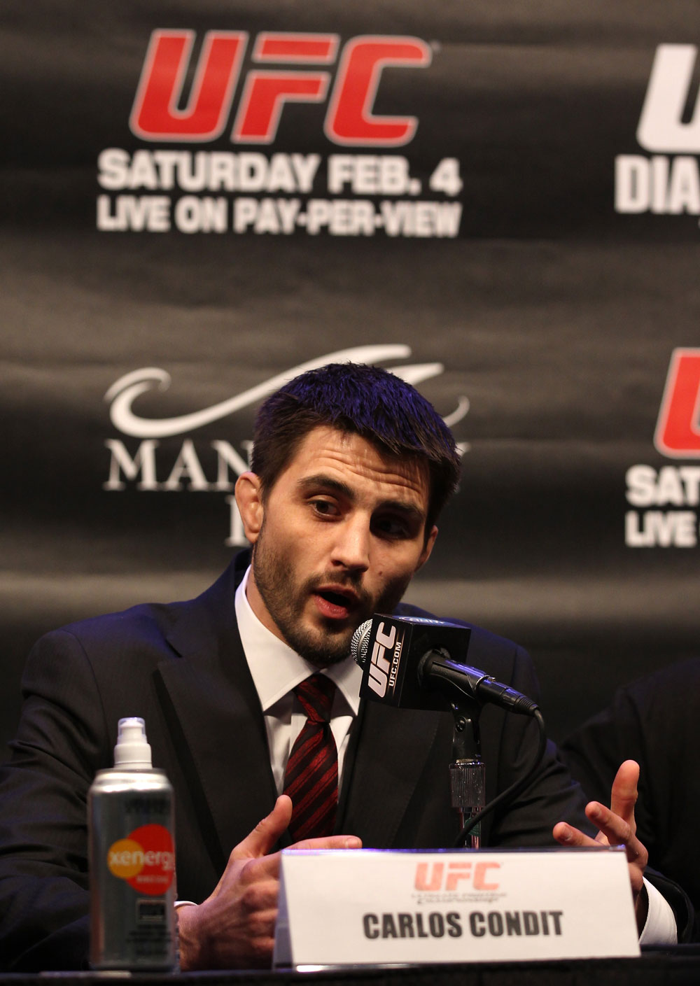 LAS VEGAS, NV - FEBRUARY 02: Carlos Condit attends the UFC 143 final pre-fight press conference at the Mandalay Bay Hotel & Casino on February 2, 2012 in Las Vegas, United States. (Photo by Josh Hedges/Zuffa LLC/Zuffa LLC via Getty Images) *** Local Caption *** Carlos Condit
