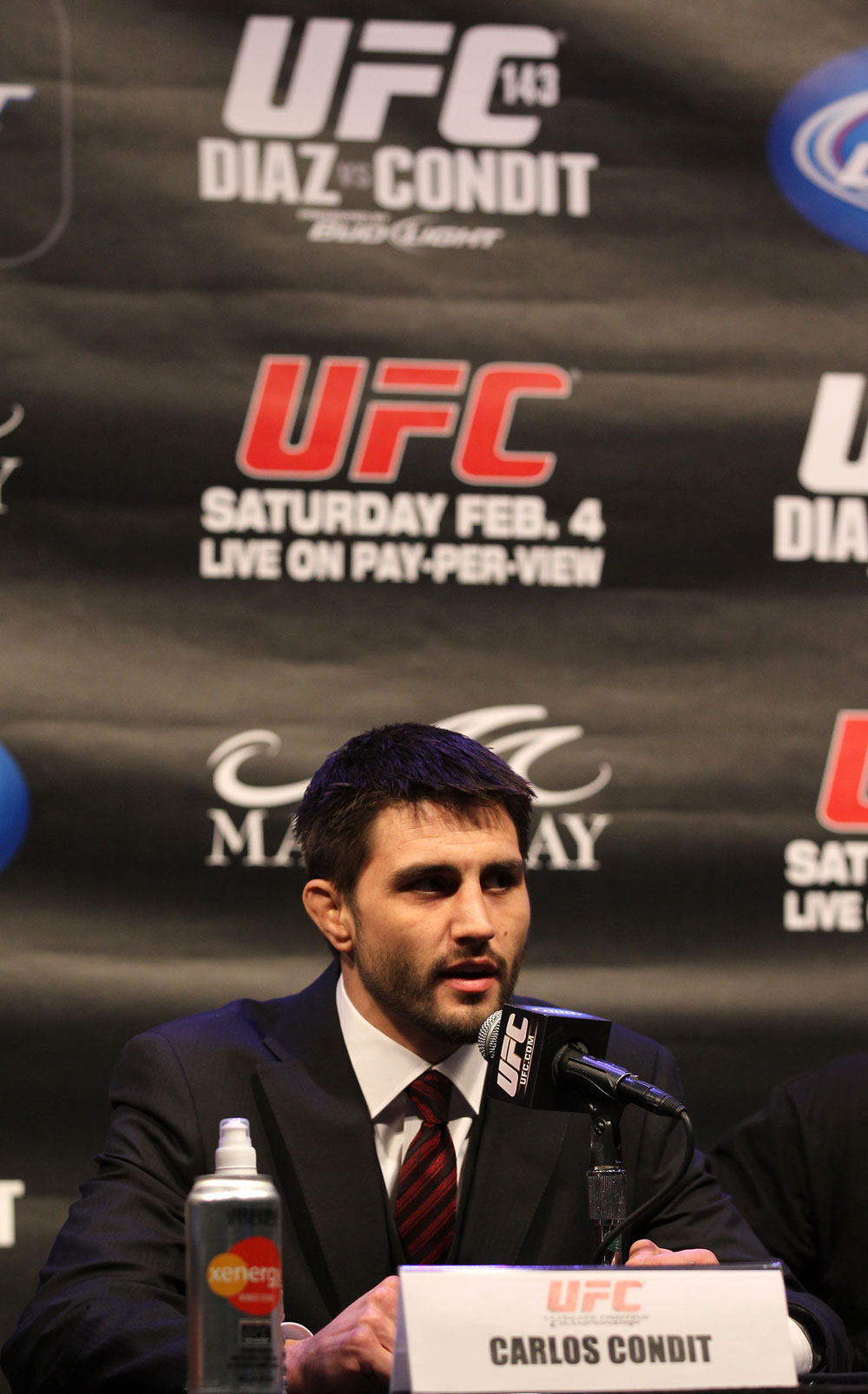 LAS VEGAS, NV - FEBRUARY 02: Carlos Condit attends the UFC 143 final pre-fight press conference at the Mandalay Bay Hotel & Casino on February 2, 2012 in Las Vegas, United States. (Photo by Josh Hedges/Zuffa LLC/Zuffa LLC via Getty Images) *** Local Caption *** Carlos Condit