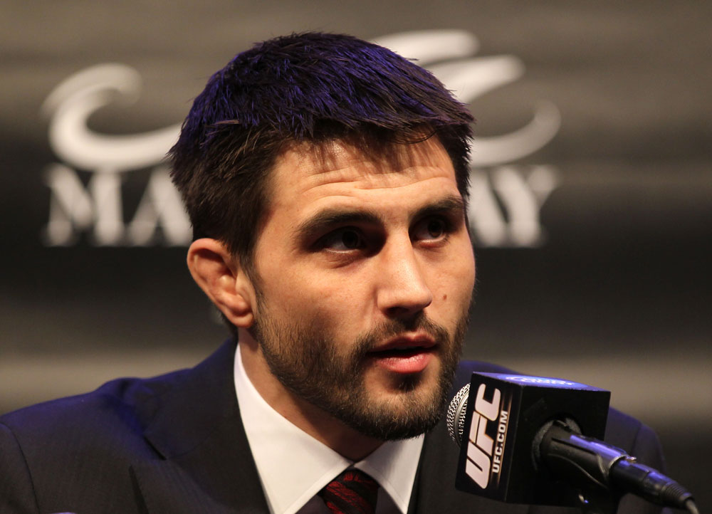 LAS VEGAS, NV - FEBRUARY 02: Carlos Condit attends the UFC 143 final pre-fight press conference at the Mandalay Bay Hotel & Casino on February 2, 2012 in Las Vegas, United States. (Photo by Josh Hedges/Zuffa LLC/Zuffa LLC via Getty Images) *** Local Caption *** Carlos Condit