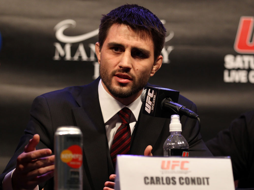 LAS VEGAS, NV - FEBRUARY 02: Carlos Condit attends the UFC 143 final pre-fight press conference at the Mandalay Bay Hotel & Casino on February 2, 2012 in Las Vegas, United States. (Photo by Josh Hedges/Zuffa LLC/Zuffa LLC via Getty Images) *** Local Caption *** Carlos Condit