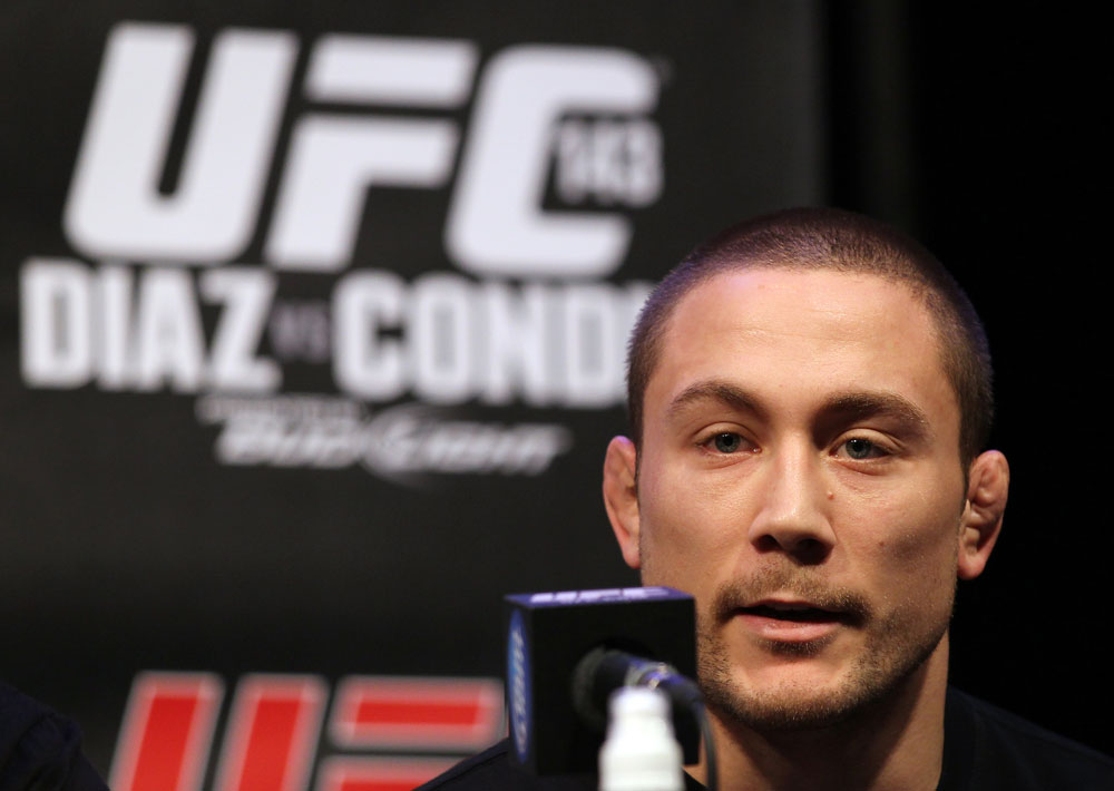 LAS VEGAS, NV - FEBRUARY 02: Mike Pierce attends the UFC 143 final pre-fight press conference at the Mandalay Bay Hotel & Casino on February 2, 2012 in Las Vegas, United States. (Photo by Josh Hedges/Zuffa LLC/Zuffa LLC via Getty Images) *** Local Caption *** Mike Pierce
