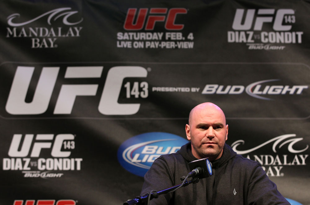 LAS VEGAS, NV - FEBRUARY 02: UFC President Dana White attends the UFC 143 final pre-fight press conference at the Mandalay Bay Hotel & Casino on February 2, 2012 in Las Vegas, United States. (Photo by Josh Hedges/Zuffa LLC/Zuffa LLC via Getty Images) *** Local Caption *** Dana White