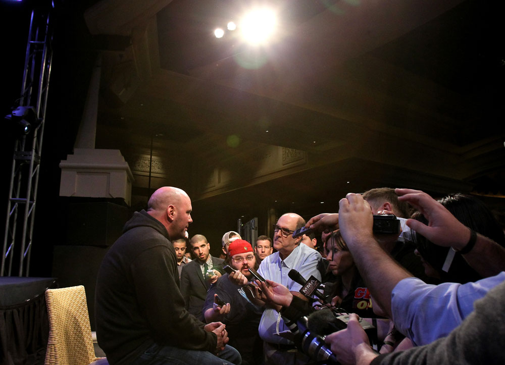 LAS VEGAS, NV - FEBRUARY 02: UFC President Dana White attends the UFC 143 final pre-fight press conference at the Mandalay Bay Hotel & Casino on February 2, 2012 in Las Vegas, United States. (Photo by Josh Hedges/Zuffa LLC/Zuffa LLC via Getty Images) *** Local Caption *** Dana White