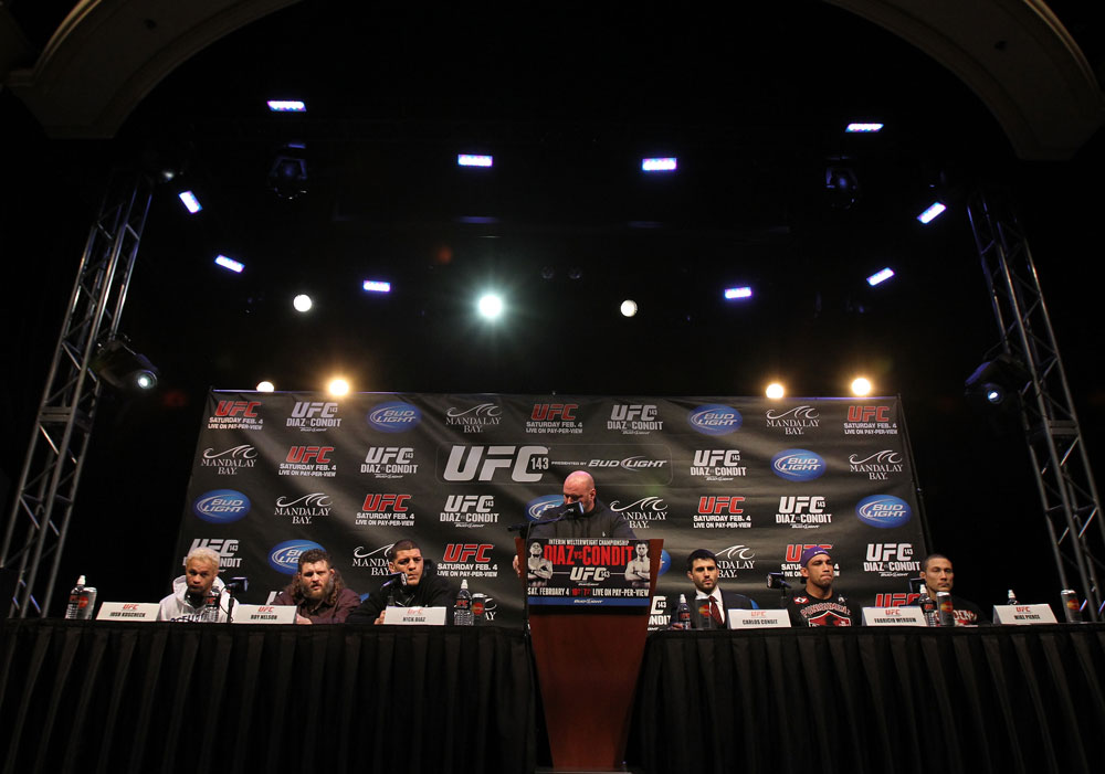 LAS VEGAS, NV - FEBRUARY 02: A general view of the fighters on the dais during the UFC 143 final pre-fight press conference at the Mandalay Bay Hotel & Casino on February 2, 2012 in Las Vegas, United States. (Photo by Josh Hedges/Zuffa LLC/Zuffa LLC via Getty Images)