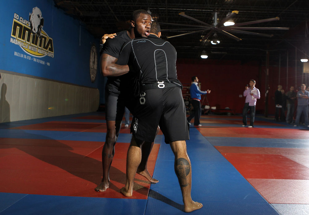 NASHVILLE, TN - JANUARY 18: Melvin Guillard works out for the media during the UFC on FX open workouts at the Nashville MMA Gym on January 18, 2012 in Nashville, Tennessee. (Photo by Josh Hedges/Zuffa LLC/Zuffa LLC via Getty Images)