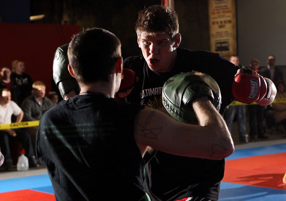 NASHVILLE, TN - JANUARY 18: Christian Morecraft works out for the media during the UFC on FX open workouts at the Nashville MMA Gym on January 18, 2012 in Nashville, Tennessee. (Photo by Josh Hedges/Zuffa LLC/Zuffa LLC via Getty Images)